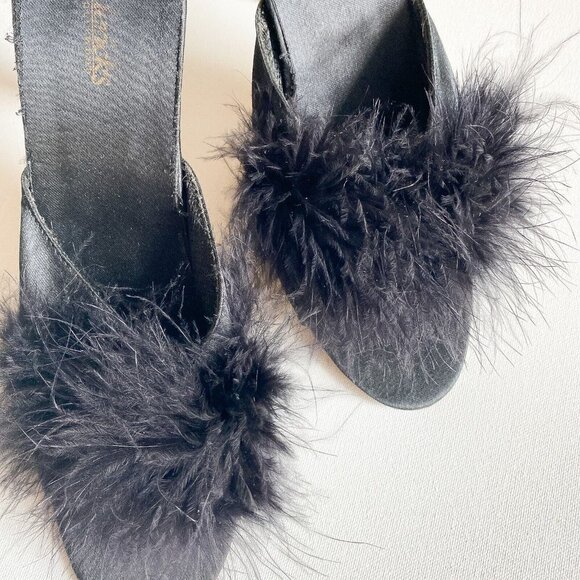 Vintage Fredric's Of Hollywood Black Satin Feather Accent Bedroom Heels 9 - Picture 9 of 11